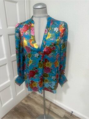 Alice + Olivia Turquoise Floral V-Neck Blouse